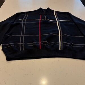 Geoffrey Beene black Zip-Up Sweater with White and Red Stripe